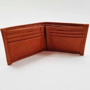 Brown leather wallet open showing inside