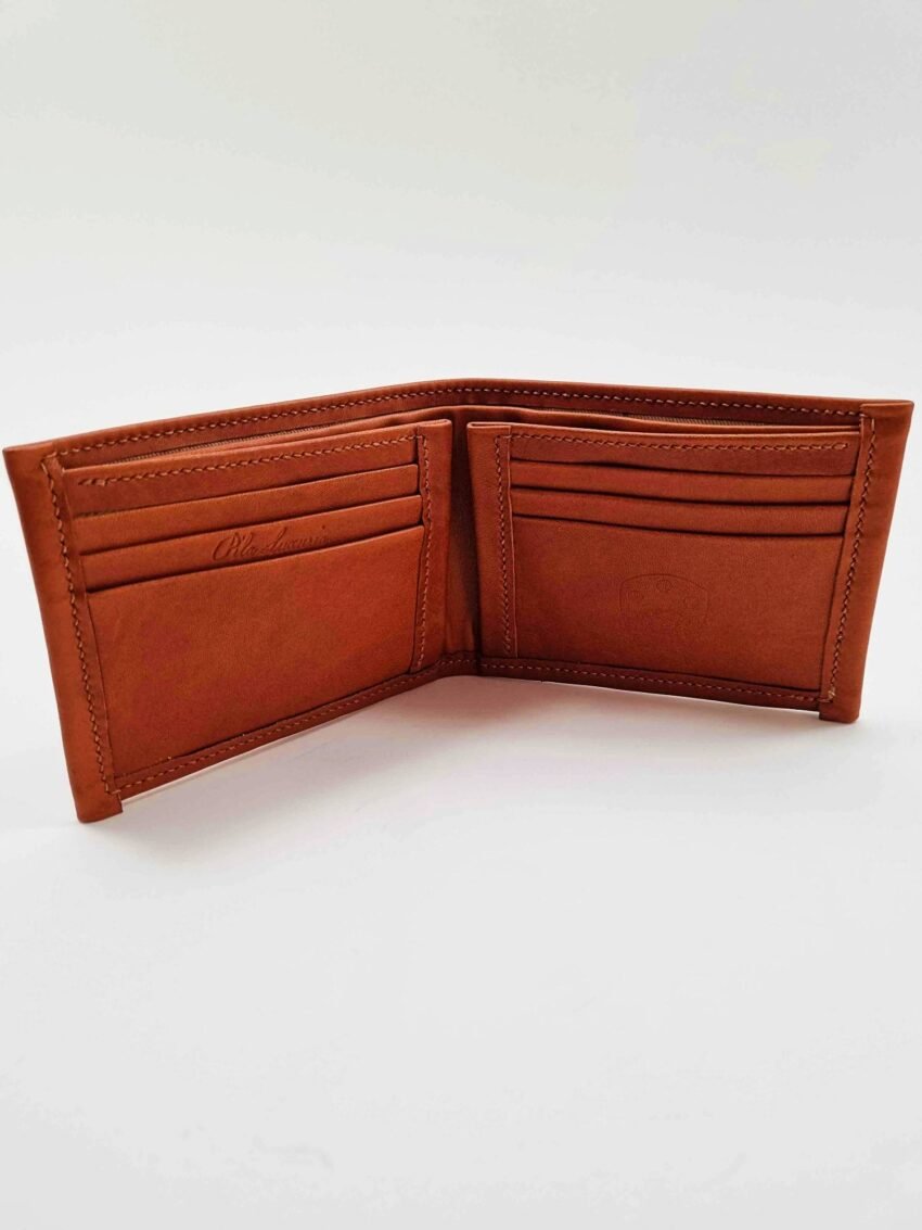Brown leather wallet open showing inside