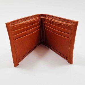 Brown leather wallet in a half closed position