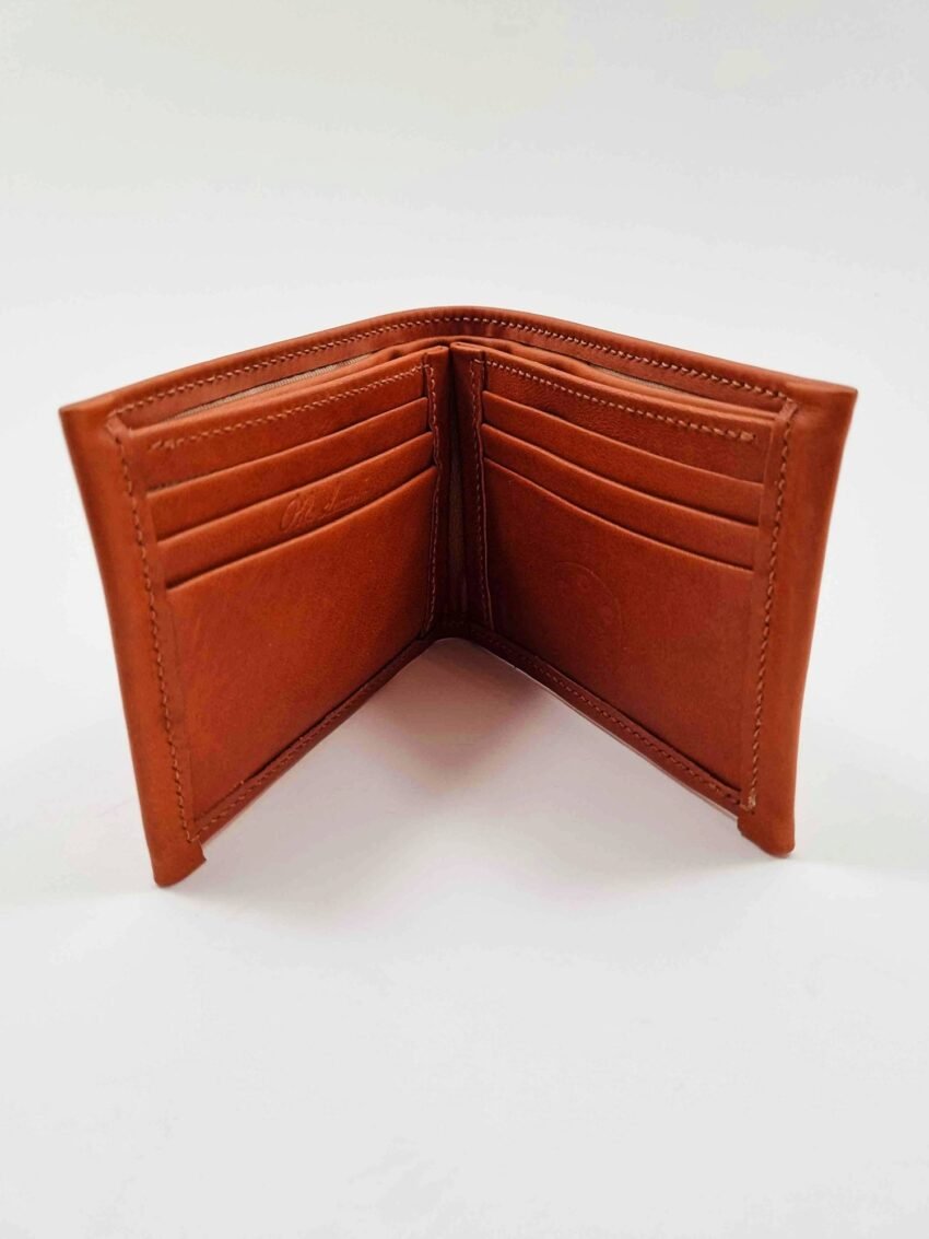 Brown leather wallet in a half closed position