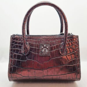 An exotic red alligator leather handbag made by Pila Luxuria in Alberta, Canada shown from the front.