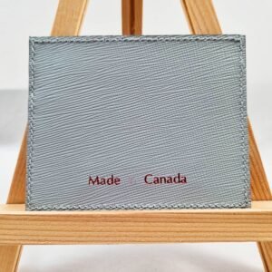 Grey saffiano calfskin wallet with Made in Canada text