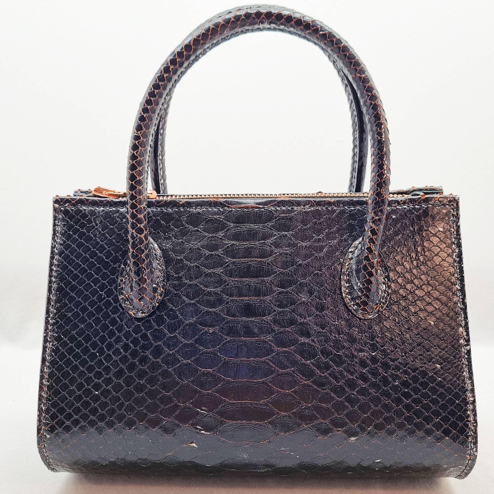 An exotic black python leather handbag made by Pila Luxuria in Alberta, Canada shown from the back.