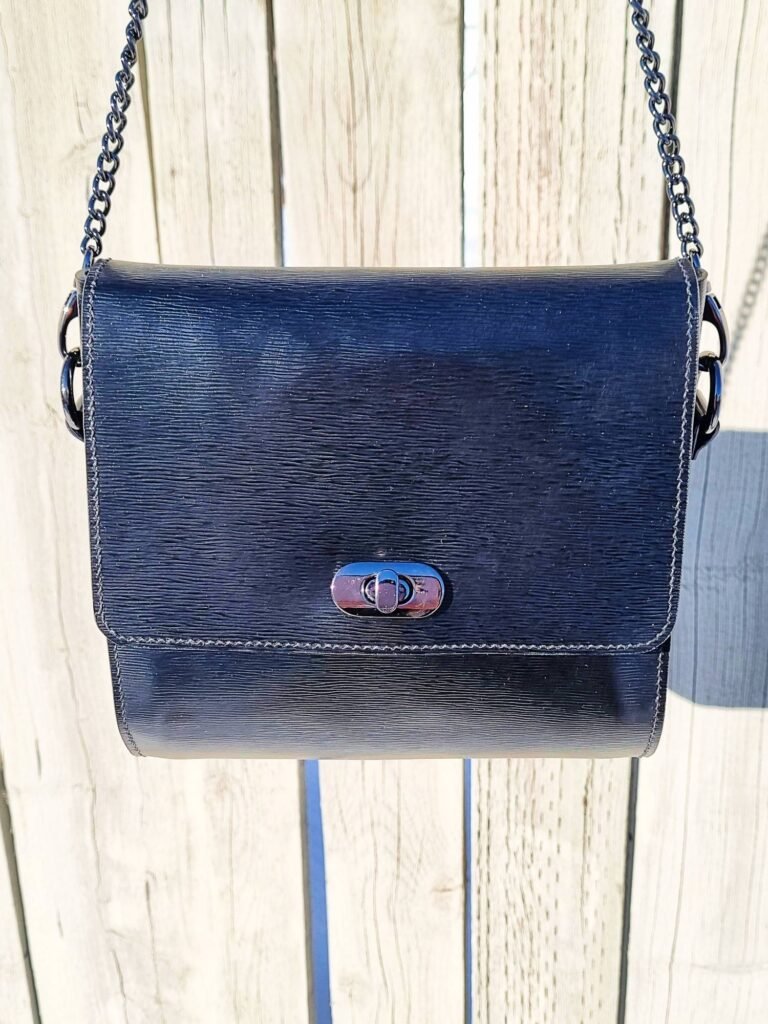 Black Epi leather Chestnut Purse by Pila Luxuria hanging forward.