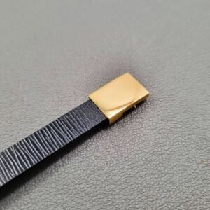 Black epi leather bracelet with a silver magnetic clasp, made by Pila Luxuria in Canada.