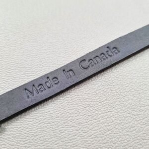 Made In Canada logo of a luxury black epi leather bracelet with a magnetic clasp, made by Pila Luxuria in Canada.