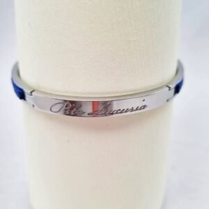 Logo of a luxury blue epsom clasp bracelet, made by Pila Luxuria in Canada.