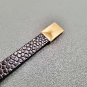 Ostrich leather bracelet with a gold magnetic clasp, made by Pila Luxuria in Canada.