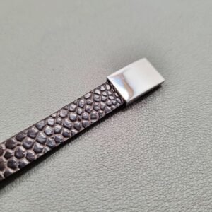 Ostrich leather bracelet with a silver magnetic clasp, made by Pila Luxuria in Canada.