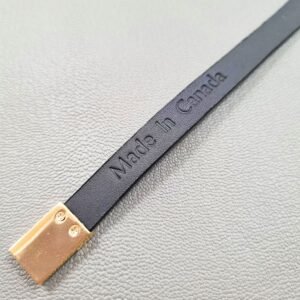 Made In Canada logo of a luxury black cherry alligator leather bracelet with a magnetic clasp, made by Pila Luxuria in Canada.