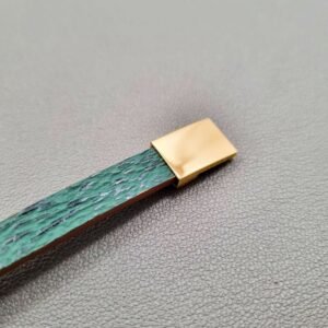 Shark leather bracelet with a gold magnetic clasp, made by Pila Luxuria in Canada.