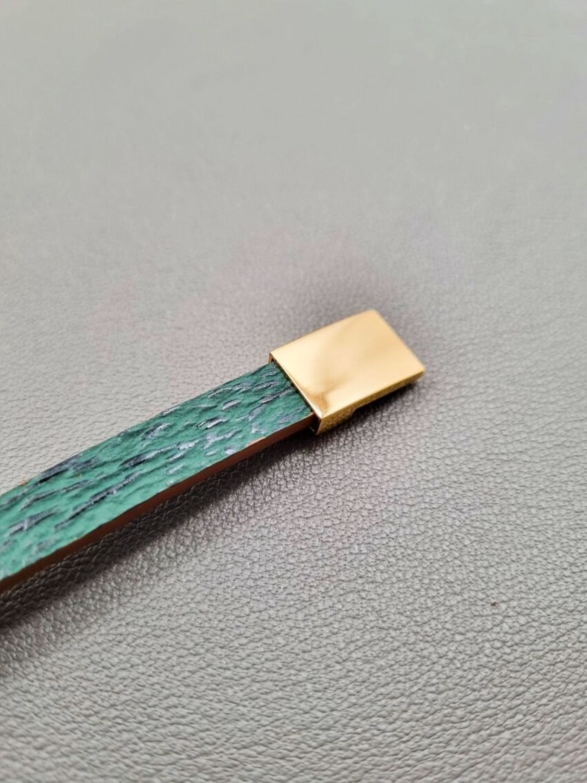 Shark leather bracelet with a gold magnetic clasp, made by Pila Luxuria in Canada.