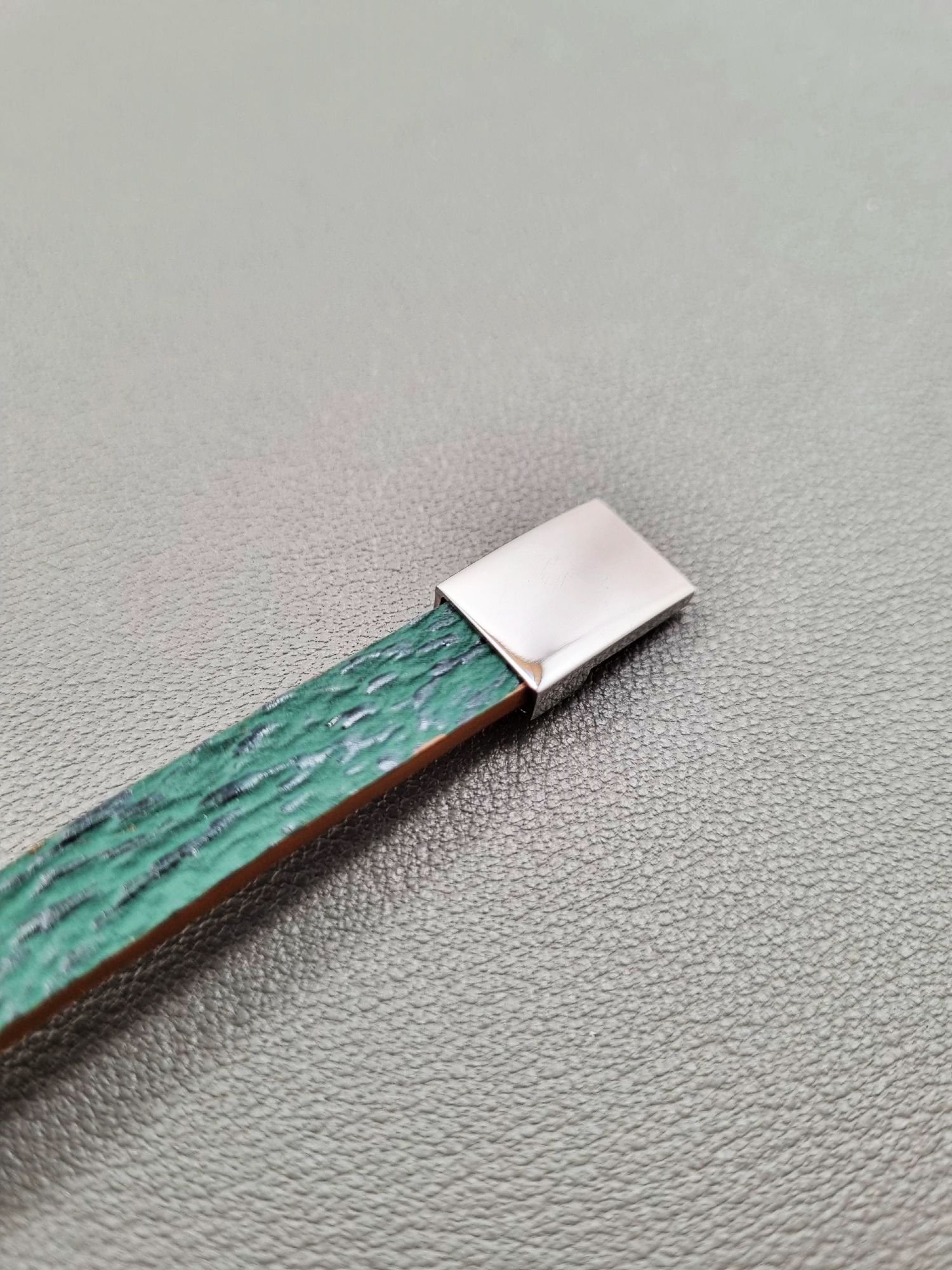 Shark leather bracelet with a silver magnetic clasp, made by Pila Luxuria in Canada.