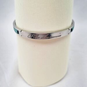 Tiffany color saffiano leather metal clasp bracelet made by Pila Luxuria in Canada showing brand logo.