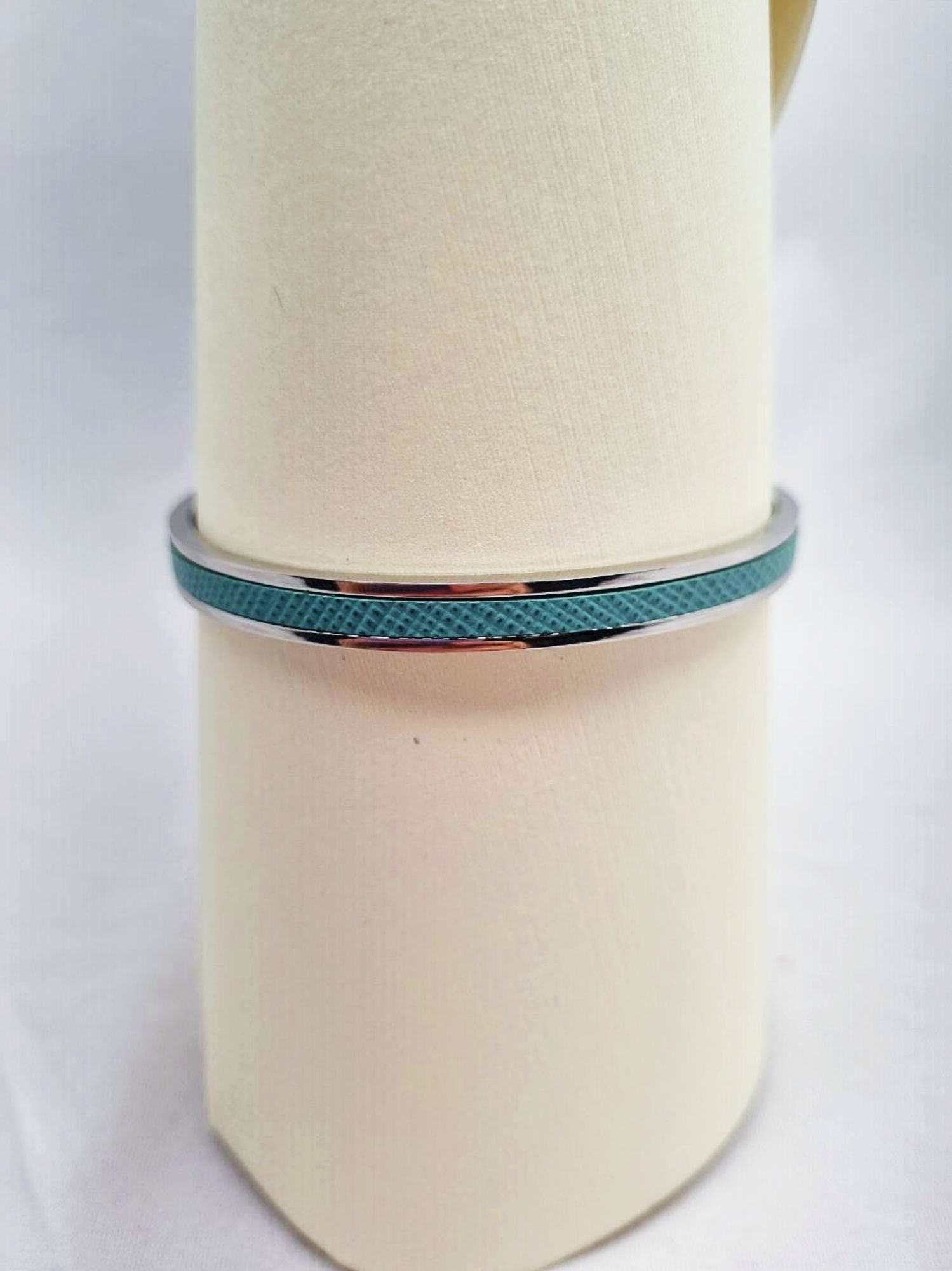 Tiffany color saffiano leather metal clasp bracelet made by Pila Luxuria in Canada.