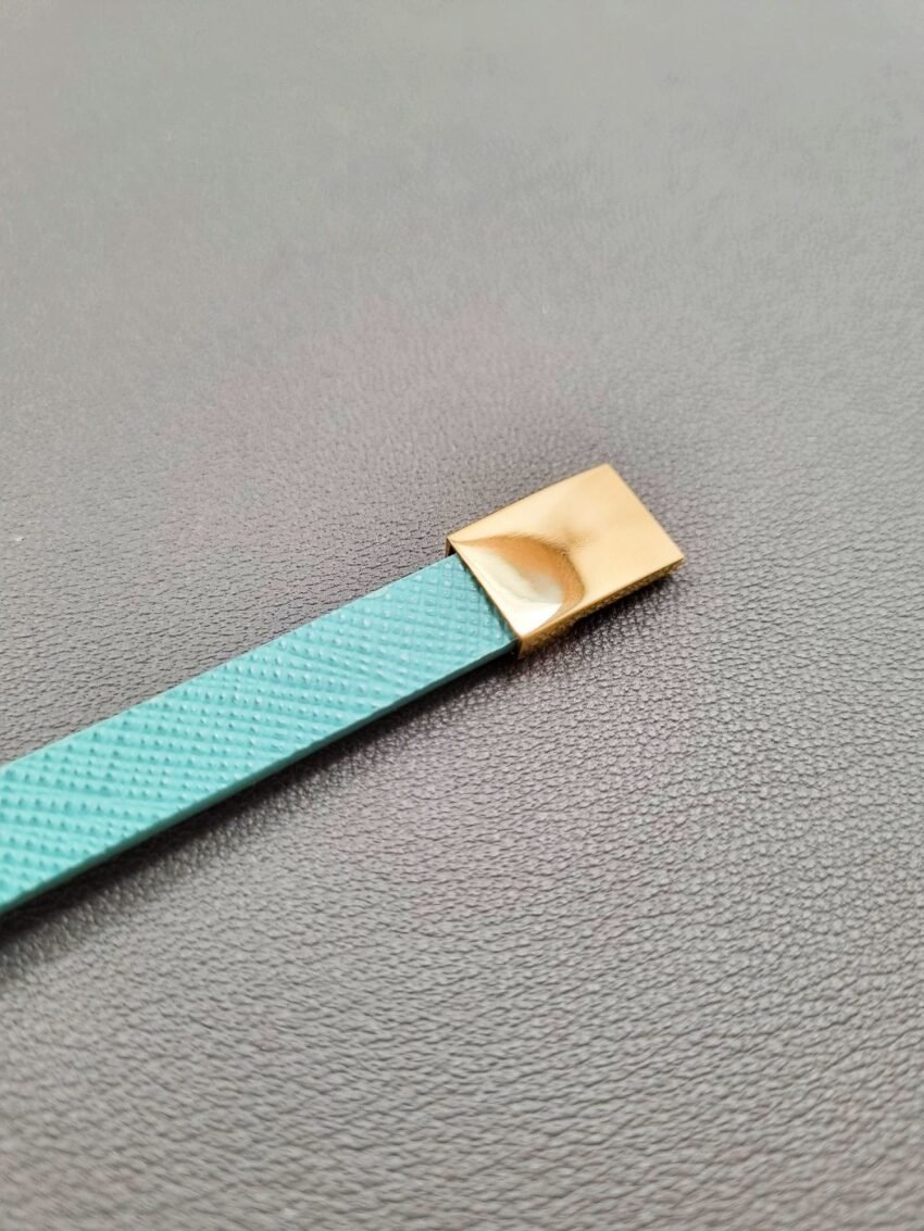 Tiffany saffiano leather bracelet with a gold magnetic clasp, made by Pila Luxuria in Canada.