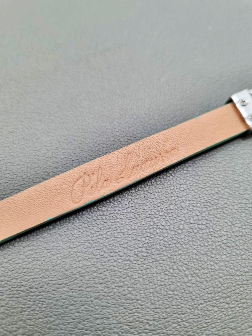 Made In Canada logo of a luxury tiffany saffiano leather bracelet with a magnetic clasp, made by Pila Luxuria in Canada.